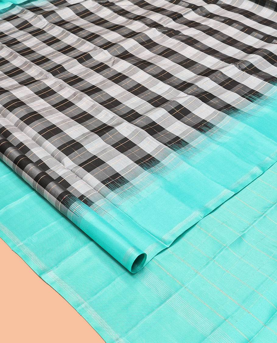 Black-White Checked Kanchipuram Silk Saree, Contrast Bodi Border, Striped Pallu, and a Contrast Blouse
