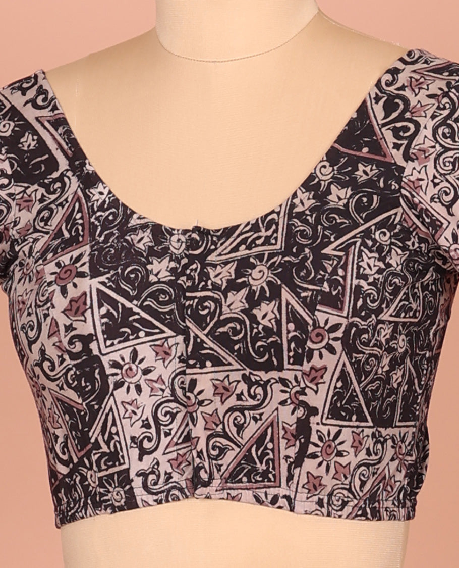 Black Cotton Readymade Blouse Bedecked with All-Over Floral-Geometric Print, Featuring a Front Round-Neck, a Back Round-Neck, and Elbow Sleeves