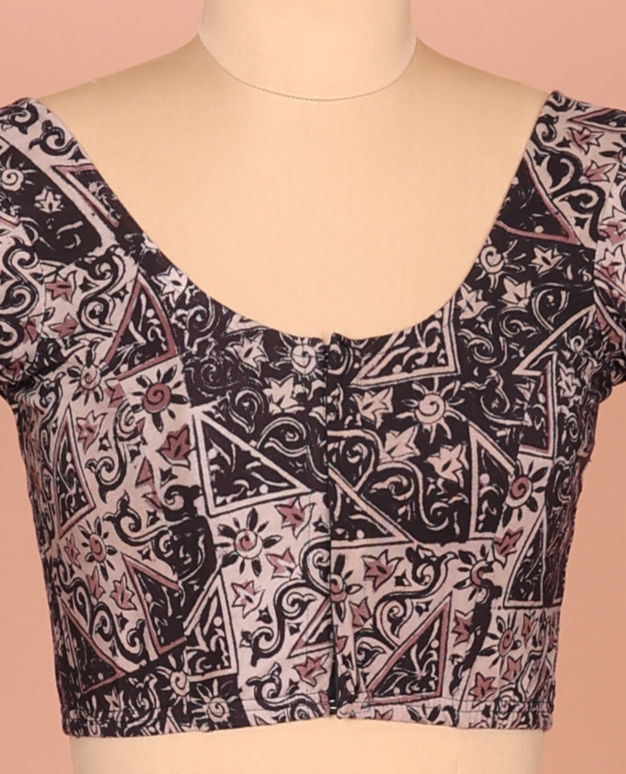Black Cotton Readymade Blouse Bedecked with All-Over Floral-Geometric Print, Featuring a Front Round-Neck, a Back Round-Neck, and Elbow Sleeves