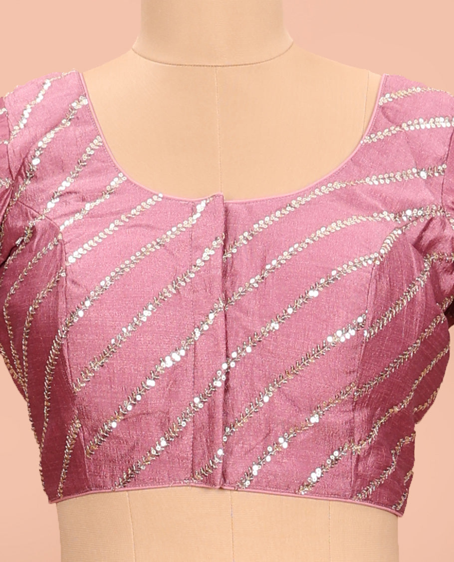 Onion pink diagonal leaf vine sequins embroidered round neck with elbow sleeve blouse