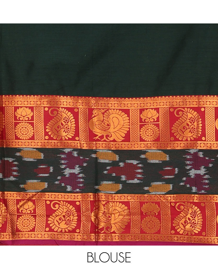 Green lehenga set, plain with contrast kanchipuram traditional zari & ikkat motifs woven border skirt, matching blouse & contrast zari border dhavani