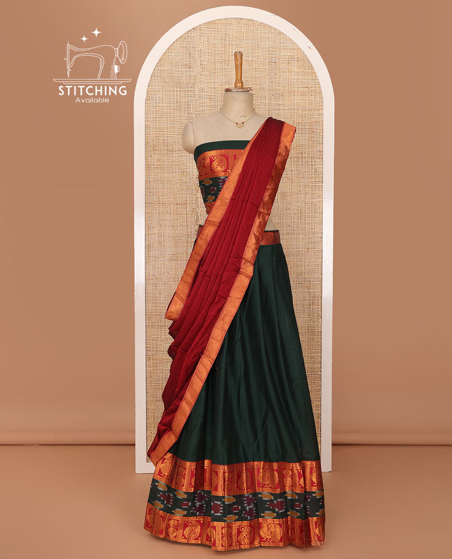 Green lehenga set, plain with contrast kanchipuram traditional zari & ikkat motifs woven border skirt, matching blouse & contrast zari border dhavani