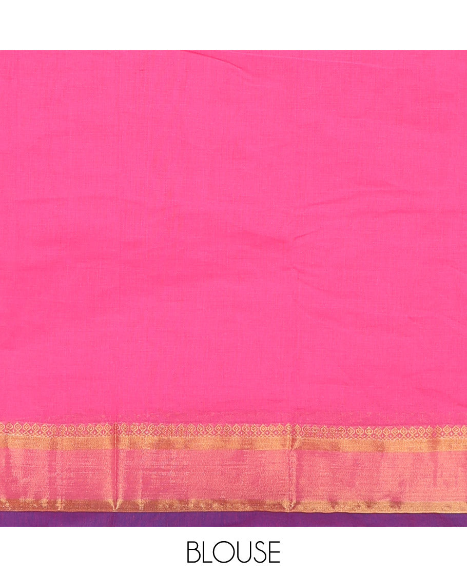 Pink buttas Kanchi cotton saree, contrast zari border, and pallu of floral designs