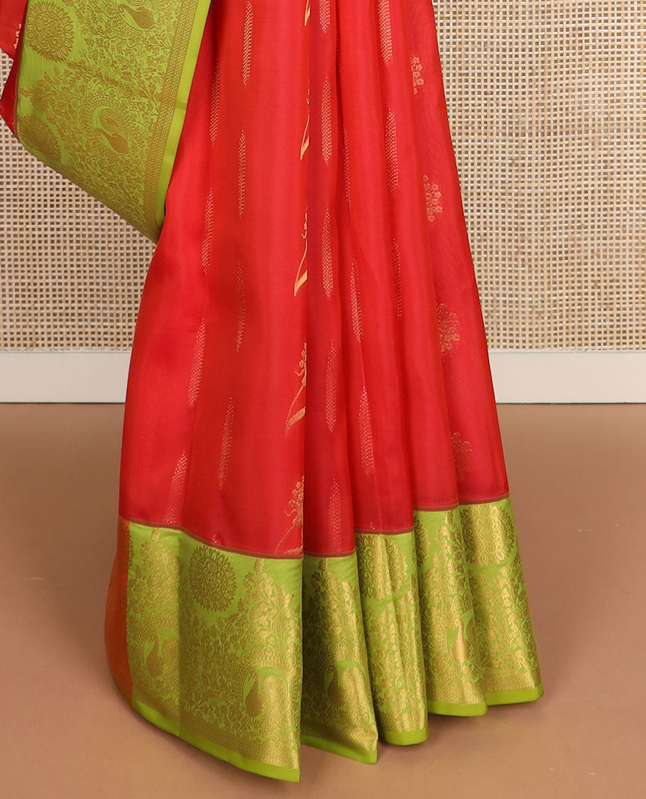 Red zari buttas vasundhara silk mix saree, contrast scallop pallu & border of floral, peacock & chakra motifs