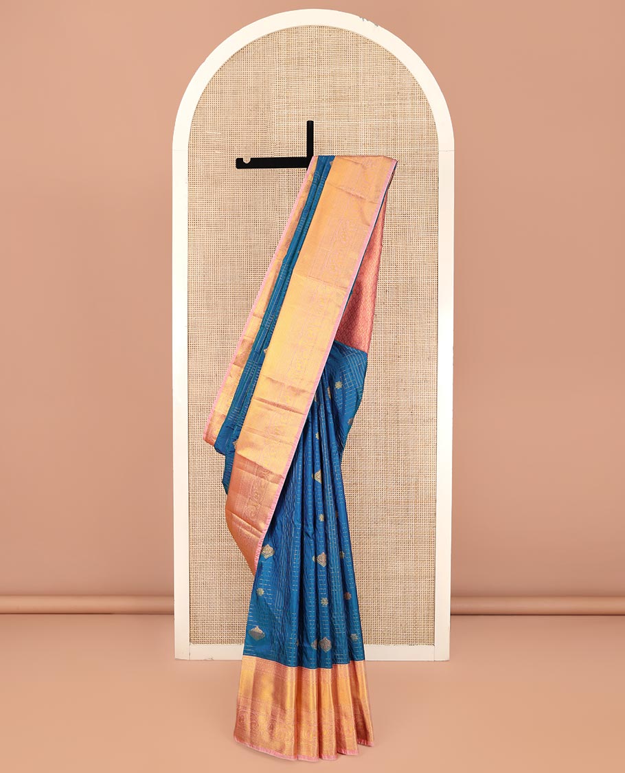 Blue Budget Silk Saree, Gracefully Embellished with Zari Butta Enclosed Checks on Its Body, Complemented by Contrast Traditional Zari Border of Paisley Designs, Grand Jaal Pallu, and Paired with a Contrast Blouse