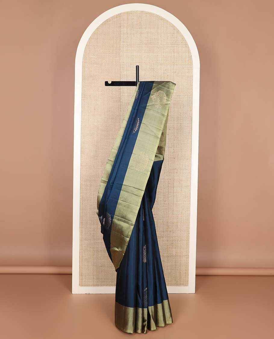 Blue zari buttas silk mix saree, contrast unique design border & pallu of geometric designs