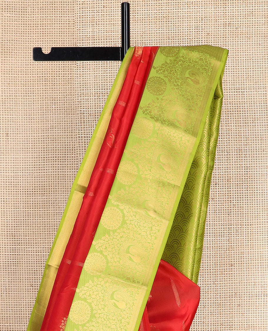 Red zari buttas vasundhara silk mix saree, contrast scallop pallu & border of floral, peacock & chakra motifs