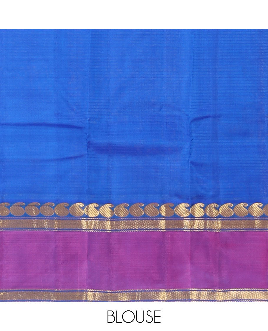Blue striped Kanchipuram silk saree, contrast rettai pettu border of manga, and mayil kann designs, and zari design pallu