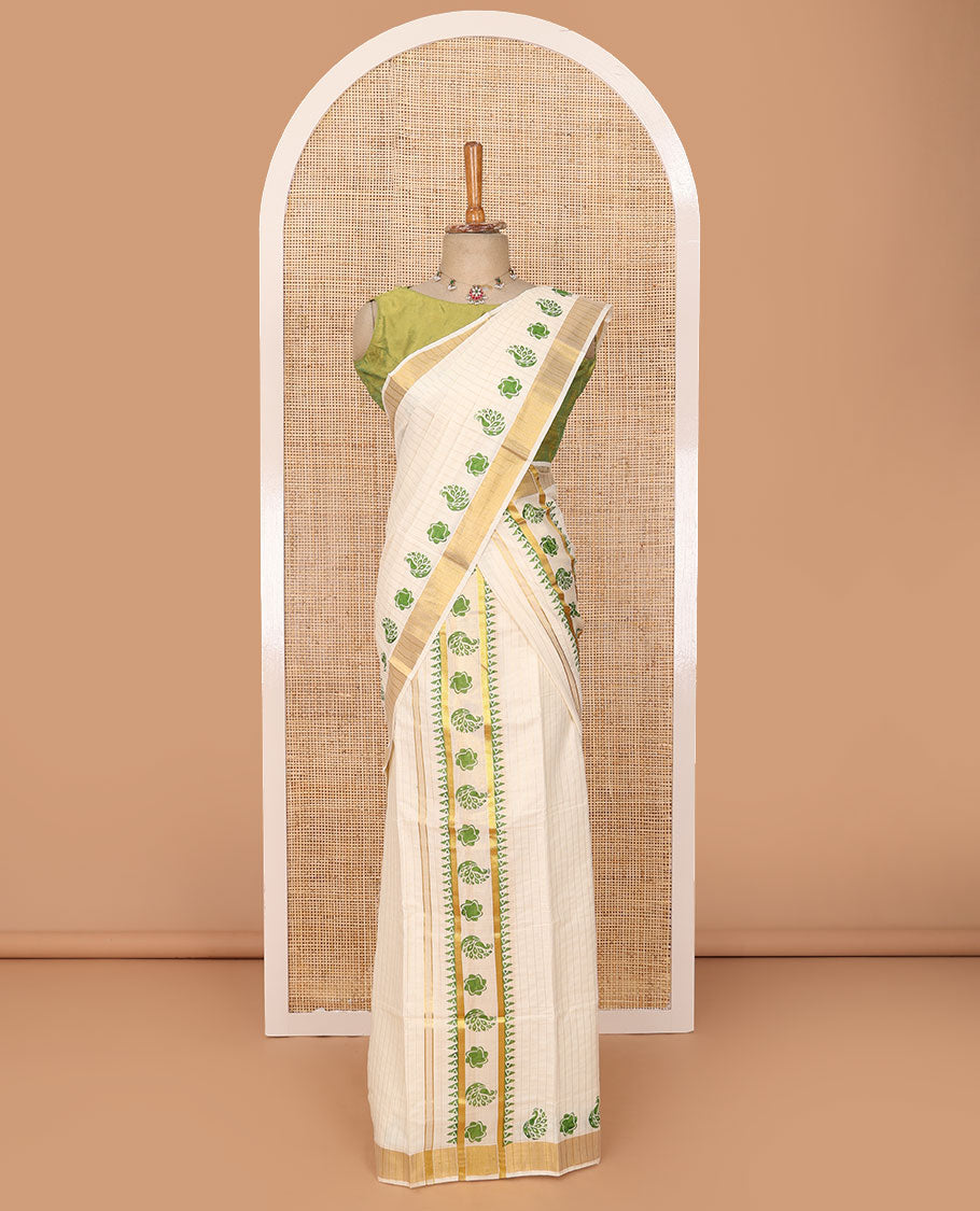 Cream striped & motifs printed Kerala mundu set, zari border