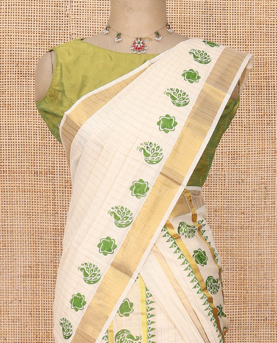 Cream striped & motifs printed Kerala mundu set, zari border