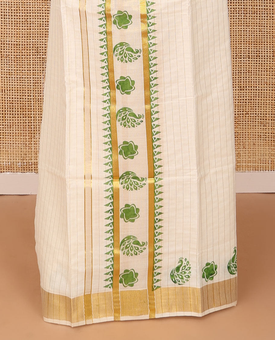 Cream striped & motifs printed Kerala mundu set, zari border