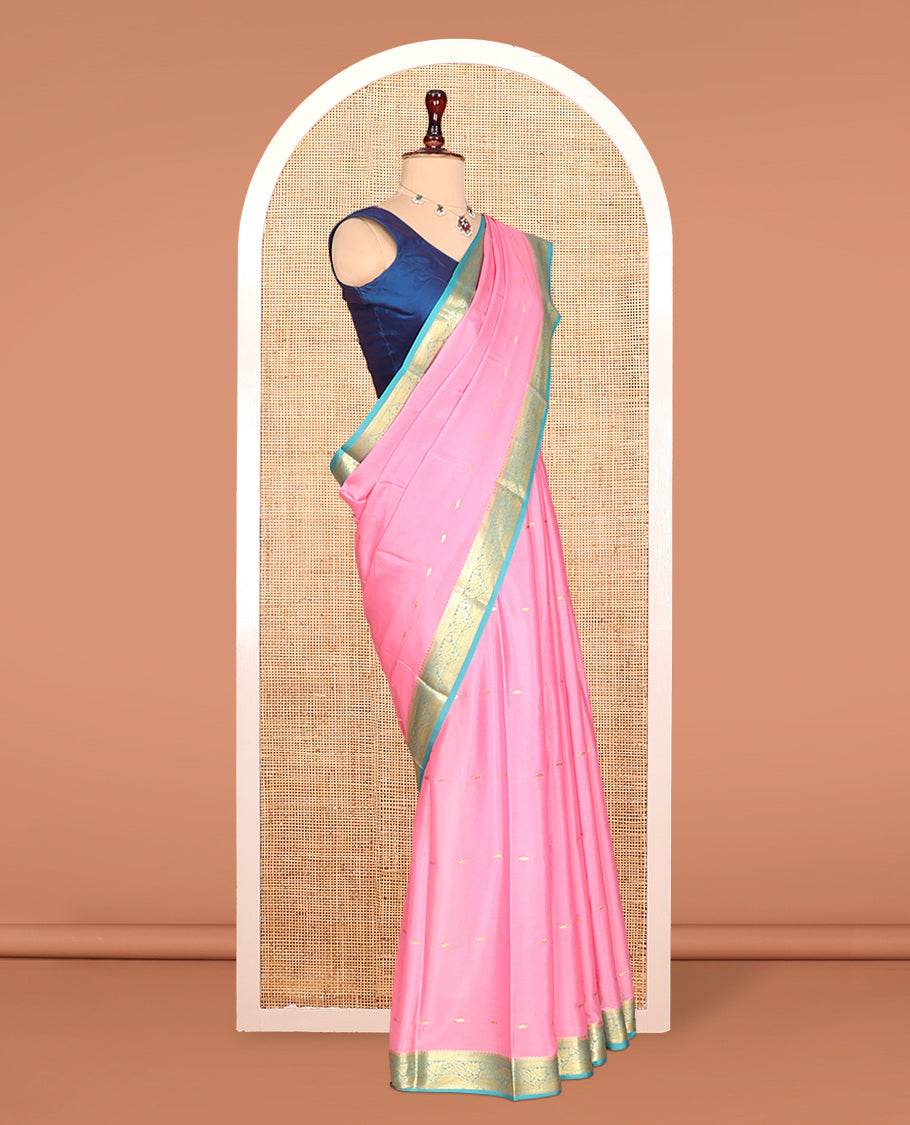 Pink Zari Buttas Mysore Silk Saree, Complemented by a Contrast Traditional Zari Border, Zari Design Pallu, and a Contrast Blouse