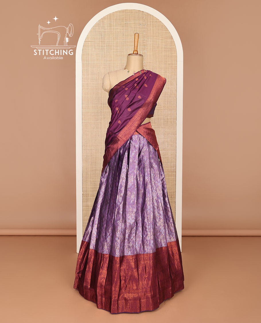 Purple floral design half saree with contrast zari design border, zari design blouse & floral zari design dhavani