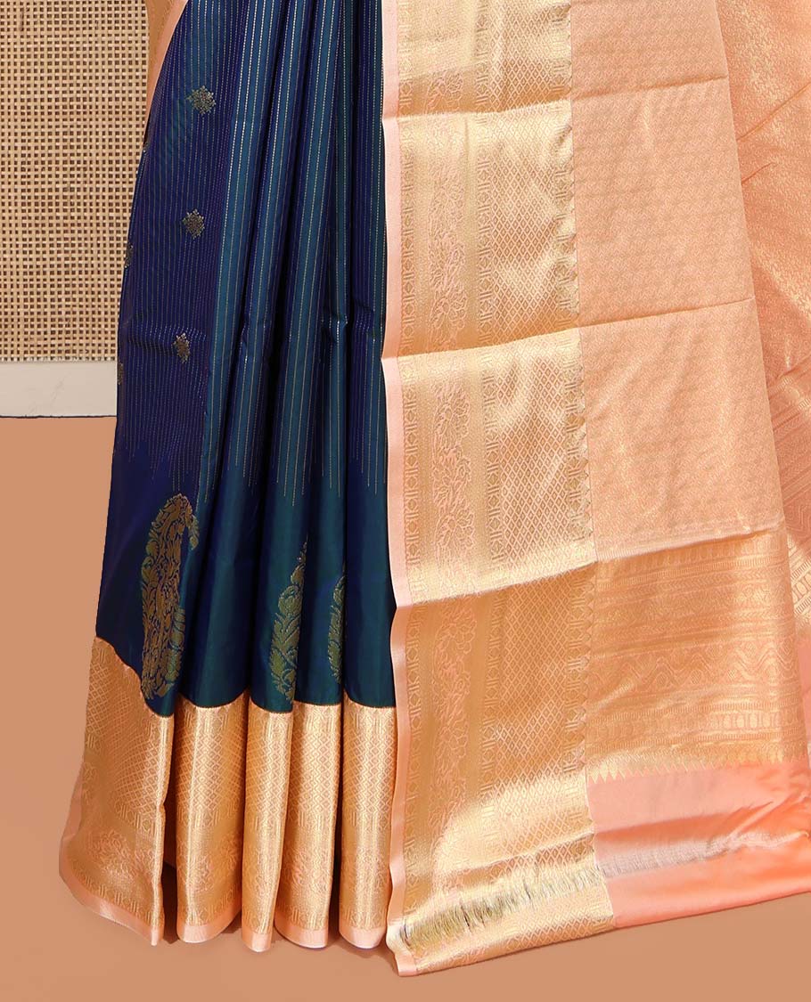Blue Budget Silk Saree, Detailed with Zari Buttas, Stripes and Paisleys on Its Body, Complemented by a Contrast Traditional Zari Design Border, Opulently Embellished Pallu, and Paired with a Contrast Blouse