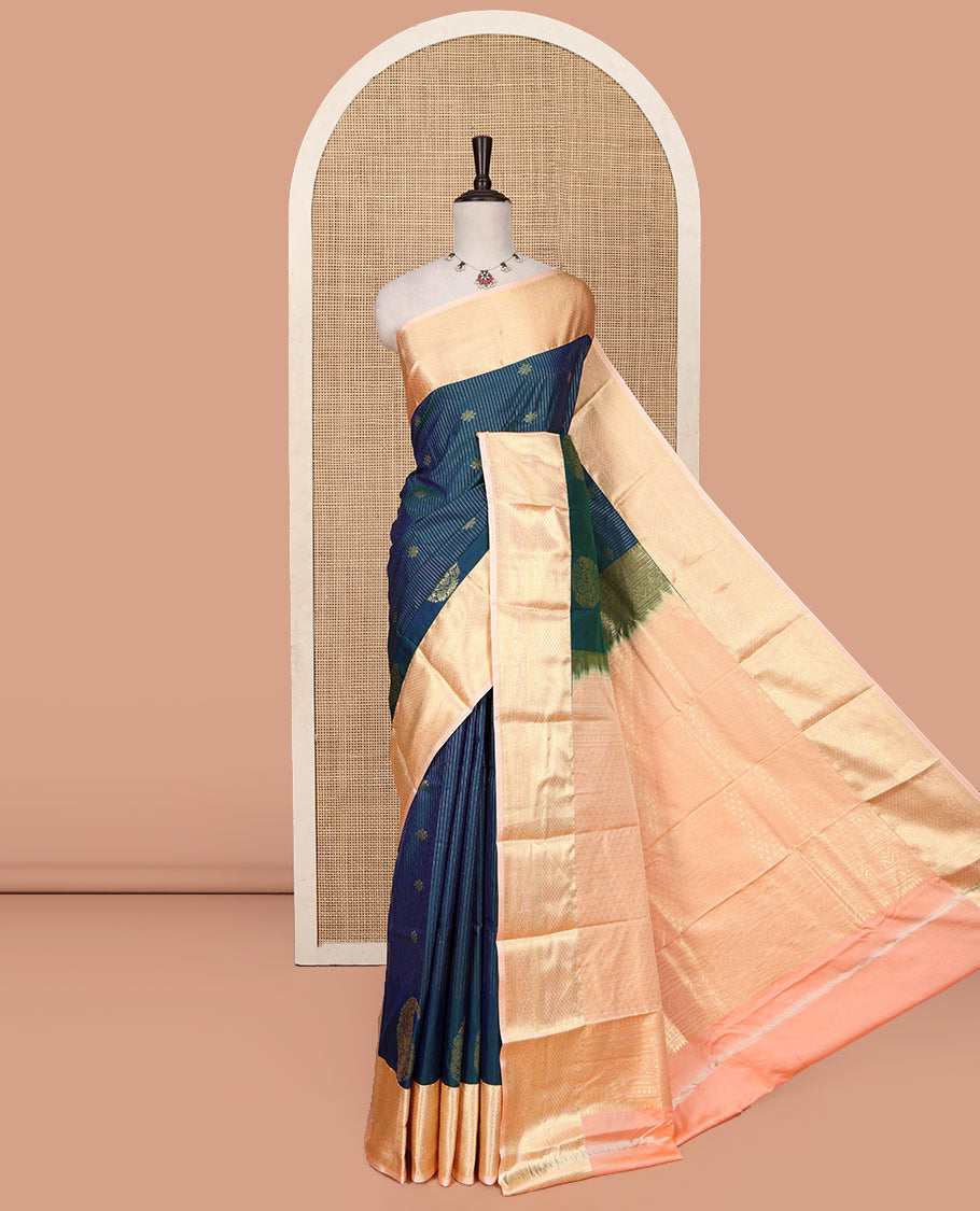 Blue Budget Silk Saree, Detailed with Zari Buttas, Stripes and Paisleys on Its Body, Complemented by a Contrast Traditional Zari Design Border, Opulently Embellished Pallu, and Paired with a Contrast Blouse