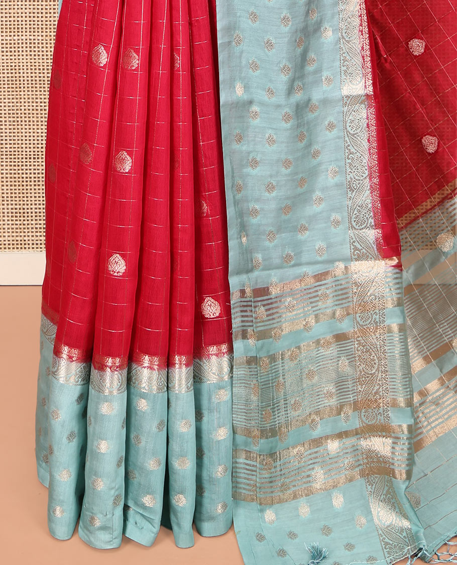 Red Assam Silk Saree, Bedecked with Zari Butta Enclosed Checks, Complemented by a Contrast Zari Buttas Woven Border, Zari-Striped Pallu, and a Contrast Blouse