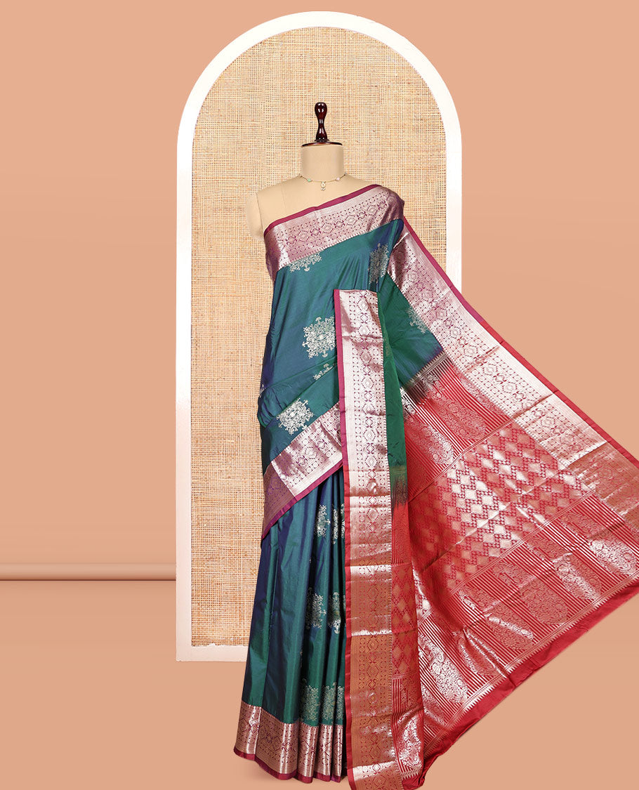 Peacock Color Budget Silk Saree, Enthralled with Zari Buttas, Complemented by a Contrast Traditional Border, Pallu of Jaal and Paisleys, and a Contrast Blouse