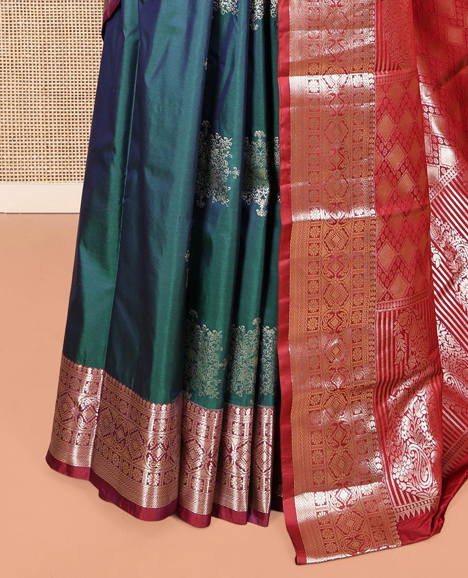 Peacock Color Budget Silk Saree, Enthralled with Zari Buttas, Complemented by a Contrast Traditional Border, Pallu of Jaal and Paisleys, and a Contrast Blouse