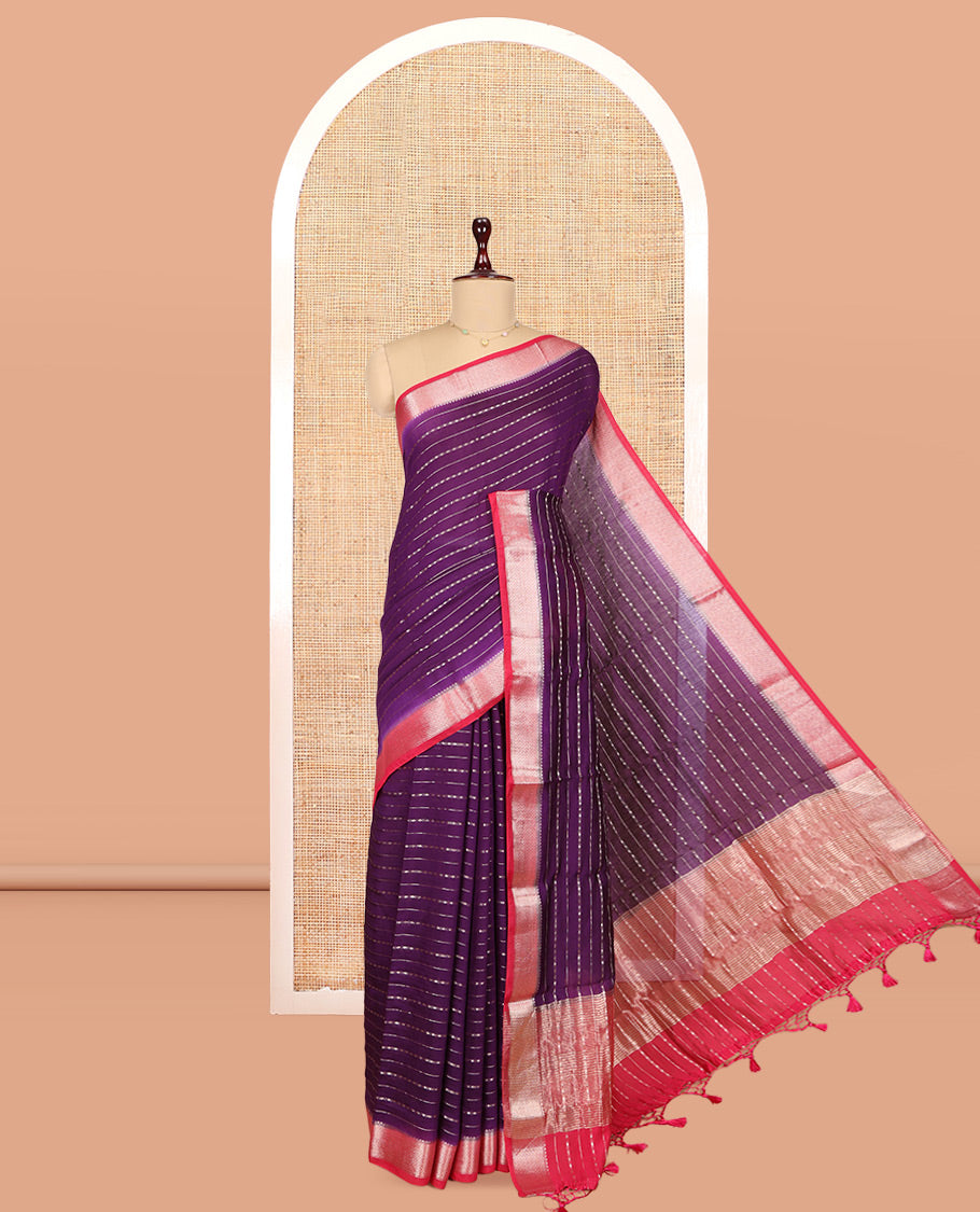 Purple Assam Silk Saree, Enthralled with Zari Stripes, Complemented by Zari Border, Zari Woven Pallu, and Contrast Blouse
