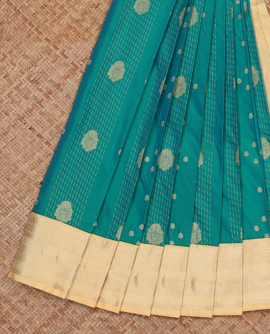 Blue Budget Silk Saree, Delicately Woven Zari Buttas and Stripes, Complemented by a Contrast Traditional Zari Border, Grand Pallu, and Contrast Blouse