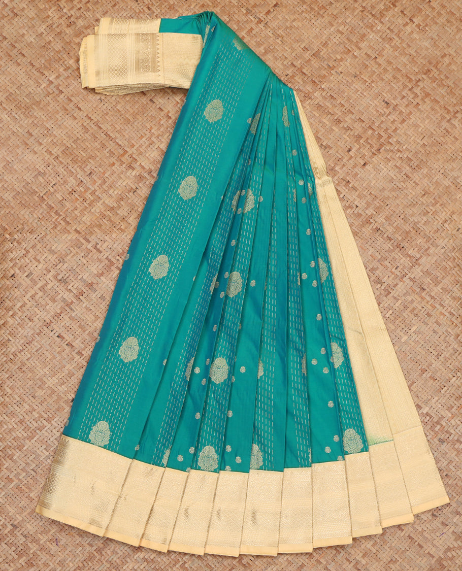 Blue Budget Silk Saree, Delicately Woven Zari Buttas and Stripes, Complemented by a Contrast Traditional Zari Border, Grand Pallu, and Contrast Blouse