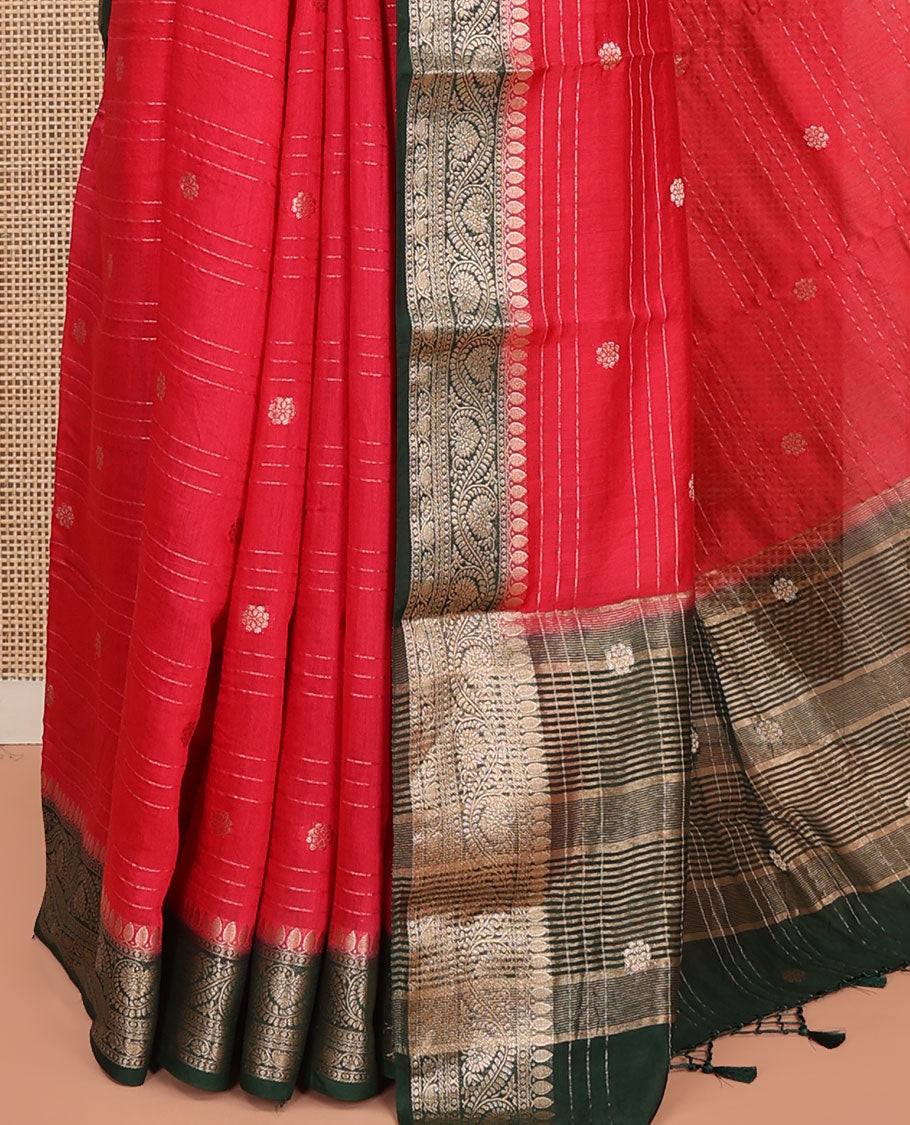 Red Assam Silk Saree, Embellished with Zari Stripes and Zari Buttas, Complemented by Contrast Zari Border of Floral Creeper Designs, Pallu Depicts Zari Designs, and Paired with a Contrast Blouse