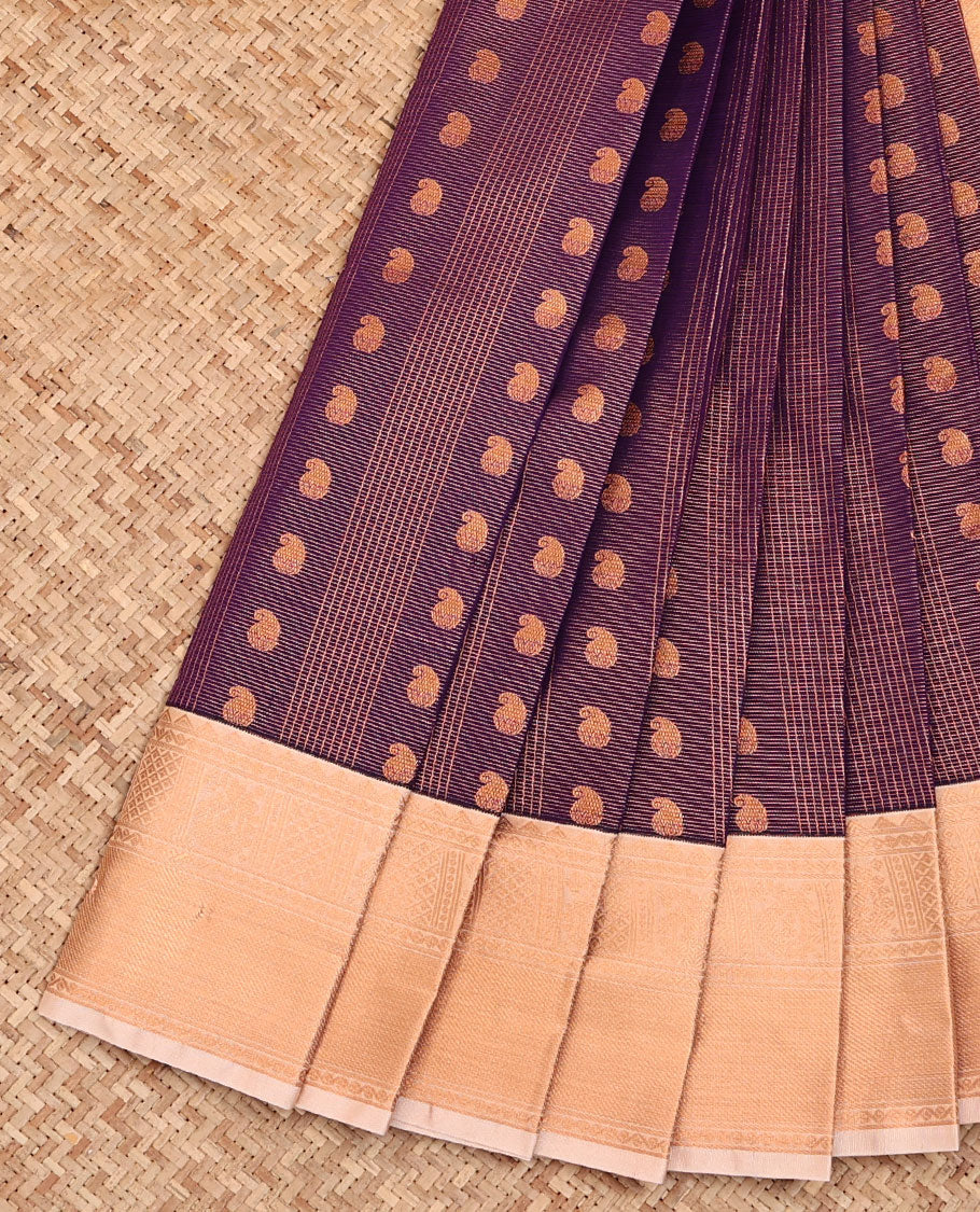 Purple Budget Silk Saree, Artfully Detailed with Paisley Buttas and Stripes, Complemented by a Contrast Traditional Zari Border, Pallu of Jaal Designs, and Paired with a Contrast Blouse