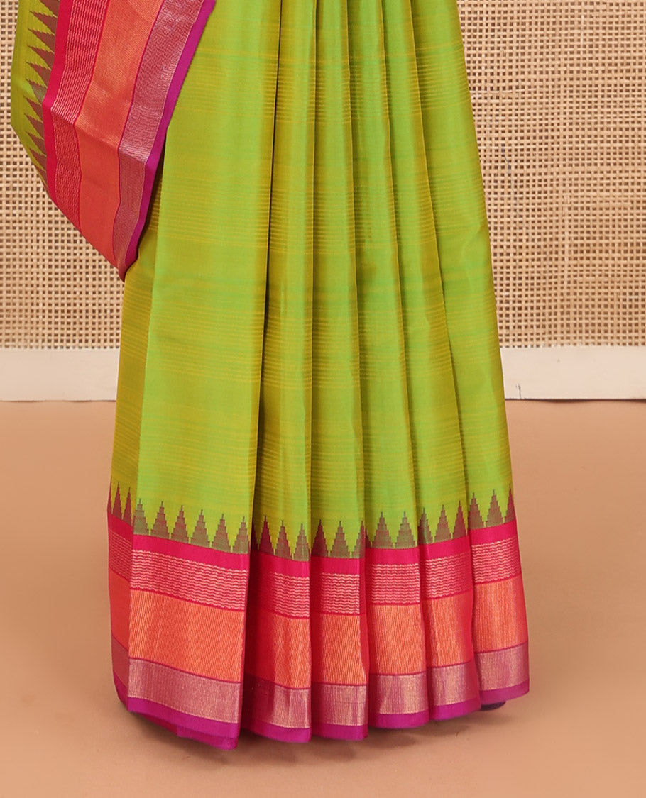 Green striped Bangalore silk saree, contrast ganga jamuna temple border, and temple design pallu