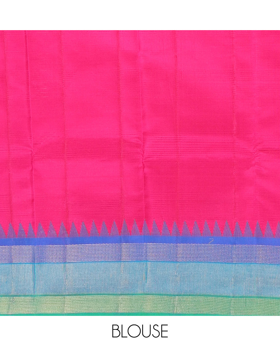 Green striped Bangalore silk saree, contrast ganga jamuna temple border, and temple design pallu