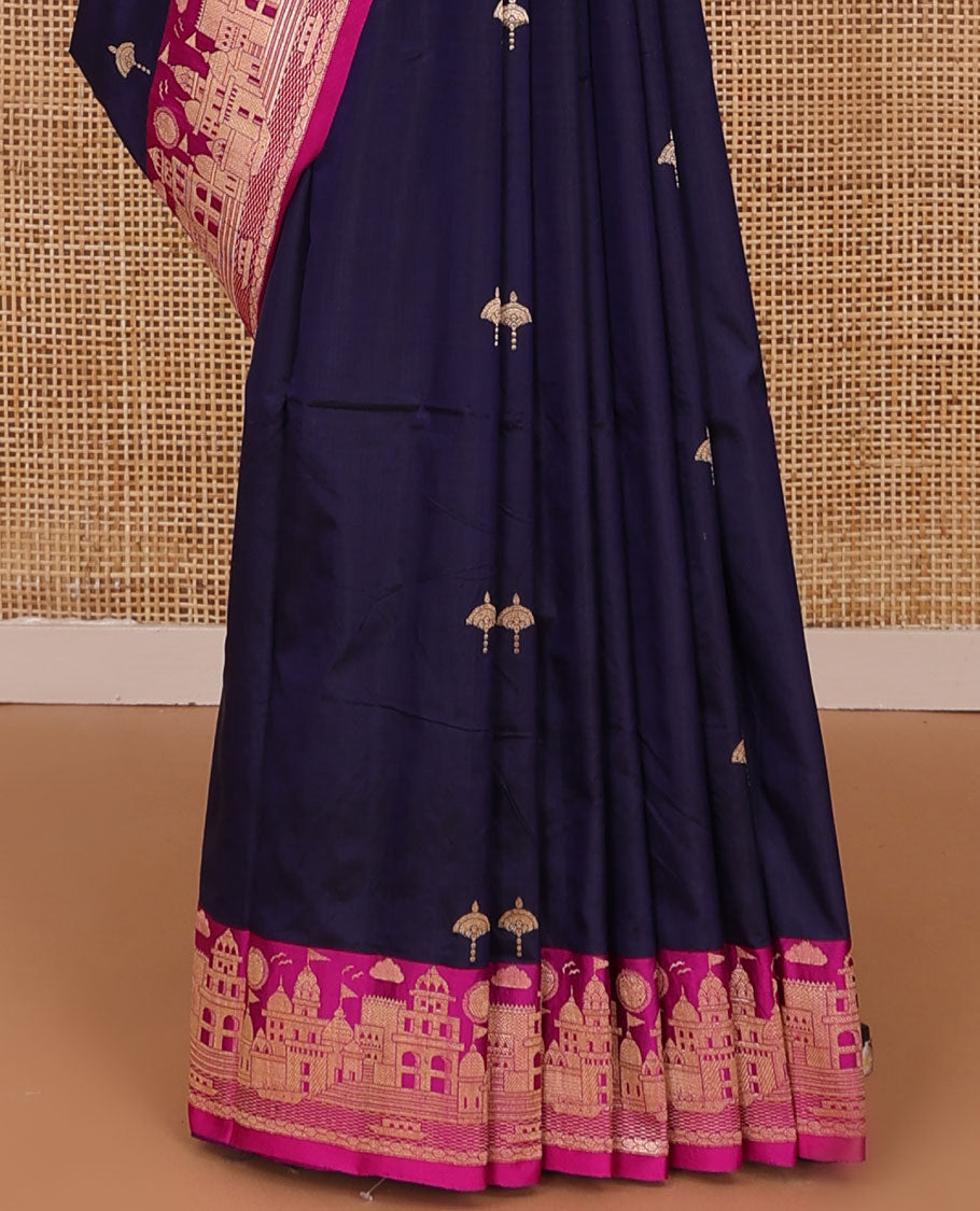 Dark blue zari buttas katan silk saree, contrast Mughal style buildings featured border, and pallu mirroring the same border design