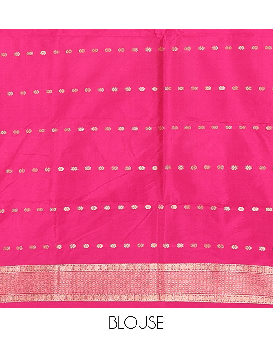 Dark blue zari buttas katan silk saree, contrast Mughal style buildings featured border, and pallu mirroring the same border design