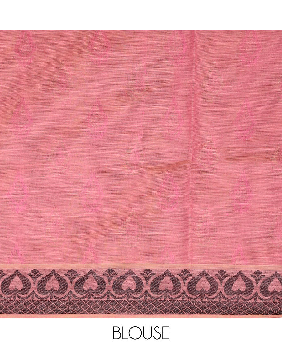 Pink sparely designed Coimbatore cotton saree, spade-shaped motif border, & contrast paisleys pallu