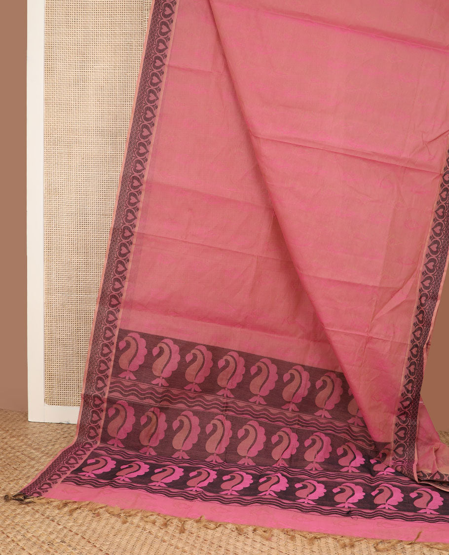 Pink sparely designed Coimbatore cotton saree, spade-shaped motif border, & contrast paisleys pallu