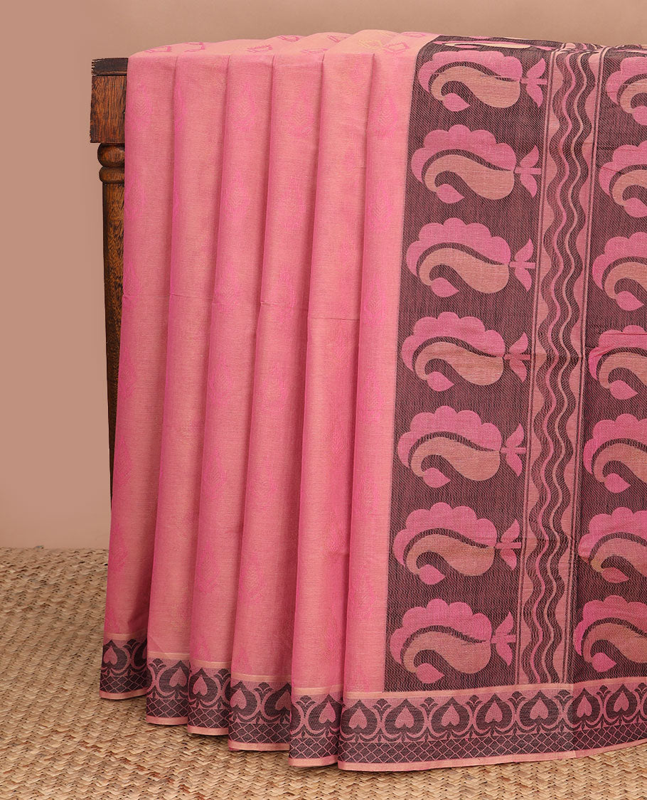 Pink sparely designed Coimbatore cotton saree, spade-shaped motif border, & contrast paisleys pallu