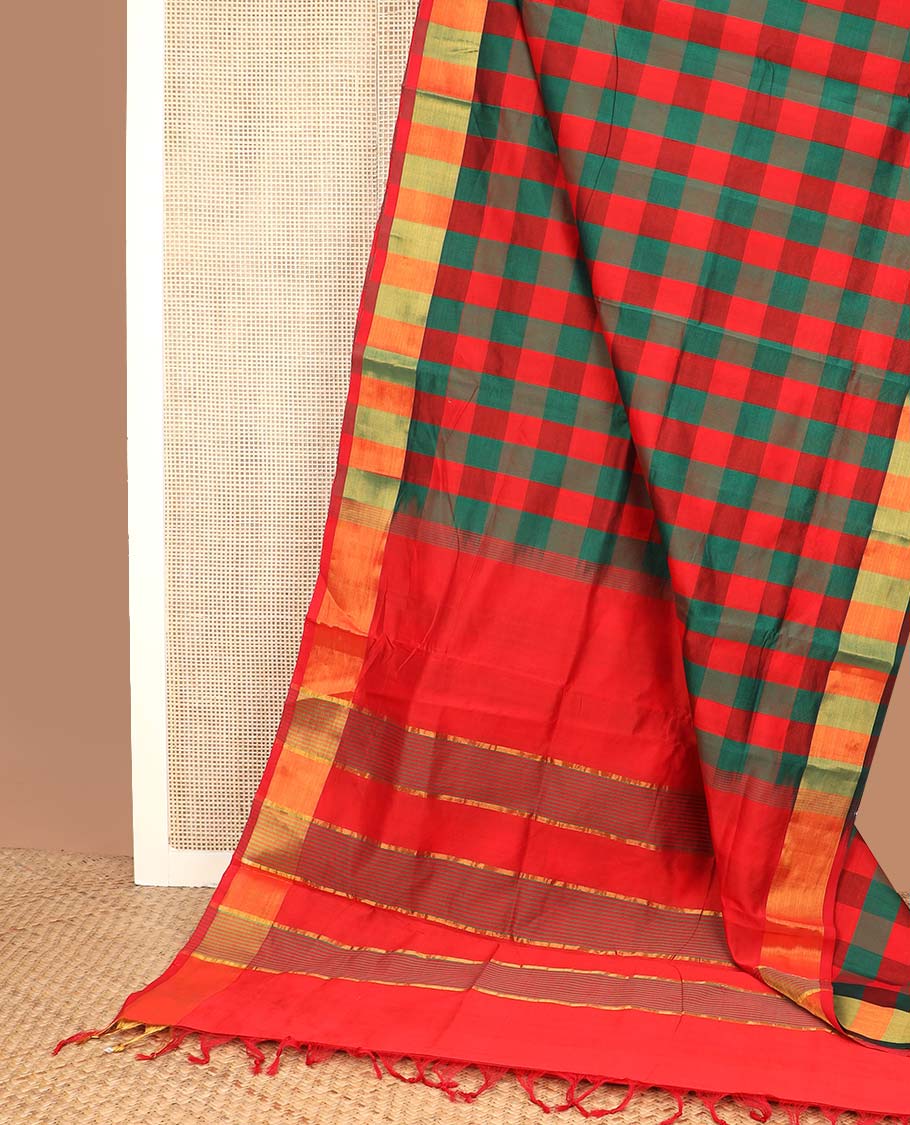 Multi-color checked design poly cotton saree, zari border, and contrast zari striped pallu