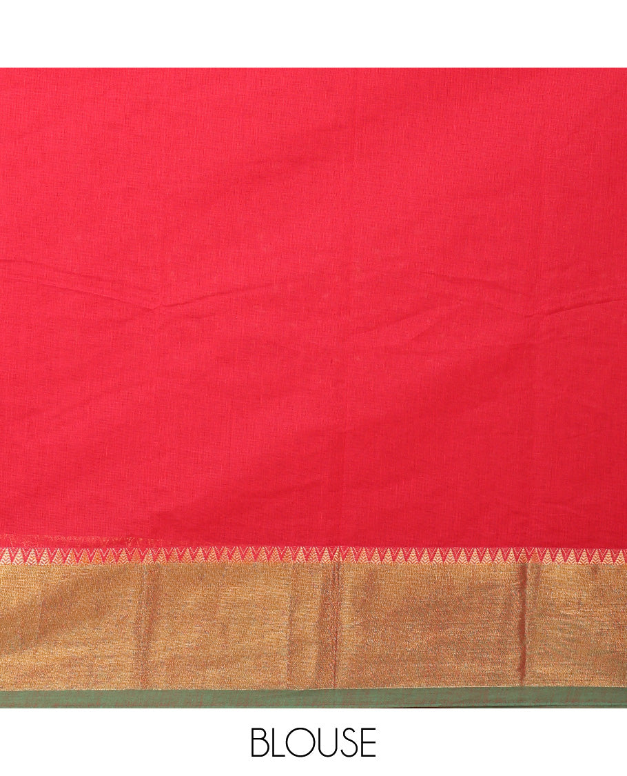 Red buttas kanchi cotton saree, contrast temple zari border, and floral design pallu