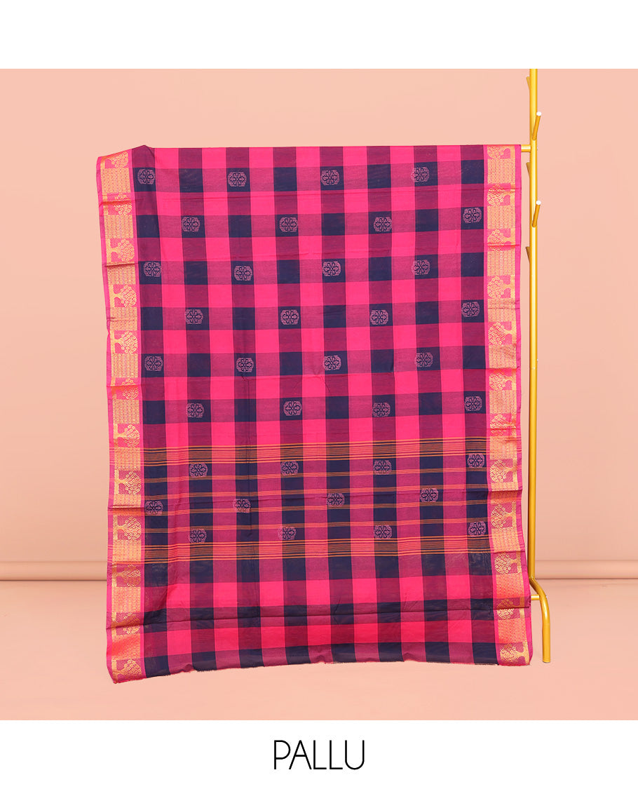 Dark Blue-Pink Chettinad Cotton Saree, Woven with Checks and Buttas, Highlighted by Tree Motifs Zari Border, Pallu of Stripes, and No Blouse