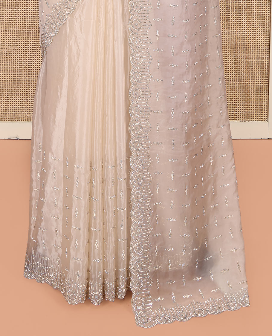 Light Sandal Designer Saree, Beautifully Bedecked with Stonework, a Scallop Stonework Border, and Matching Blouse