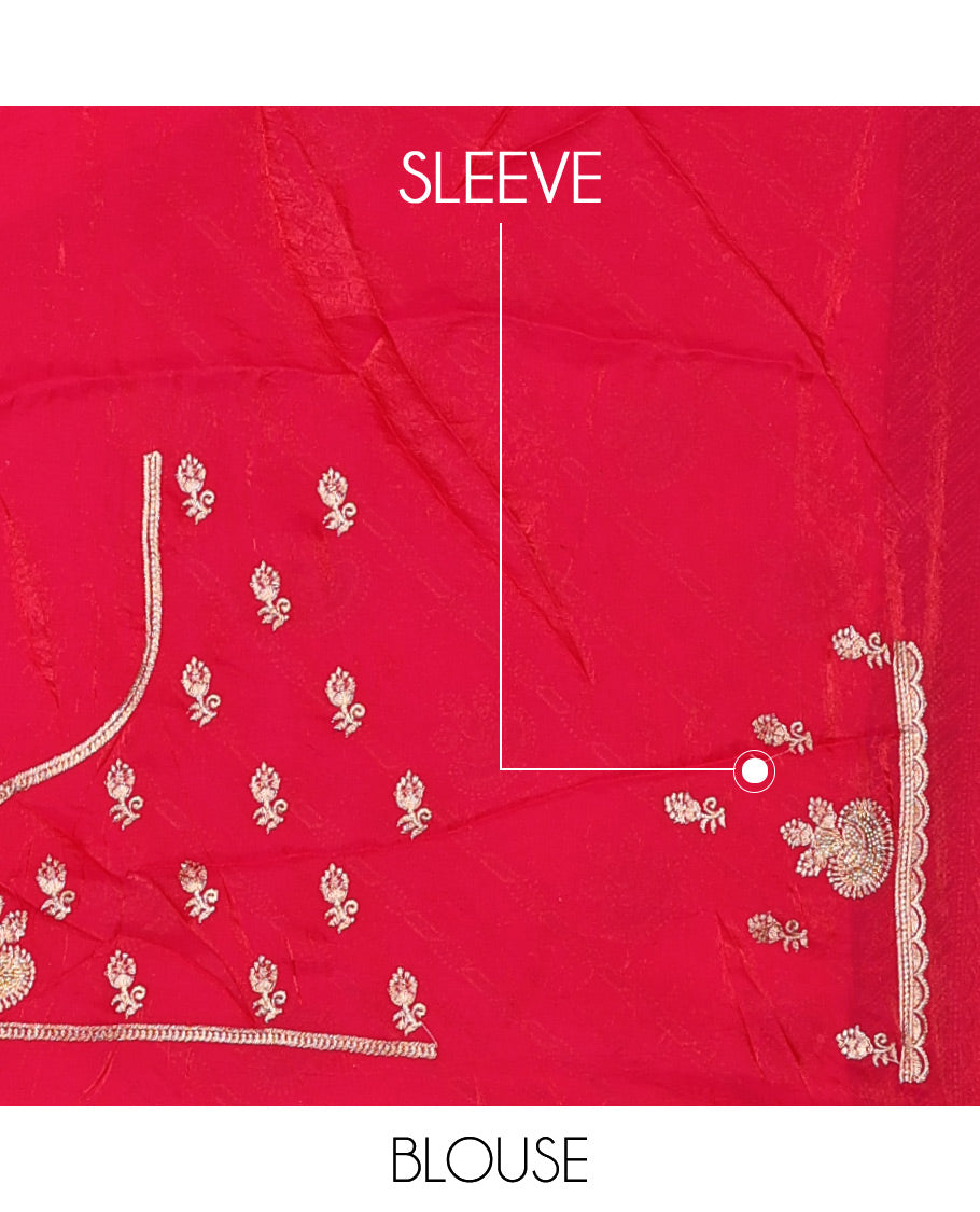 Dazzling red stone patch embroidered designer saree, self-scallop stone embroidered border