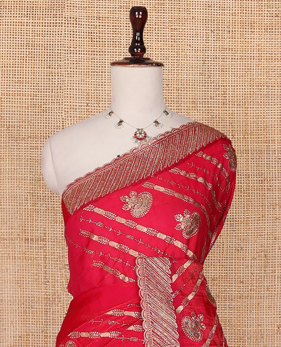 Dazzling red stone patch embroidered designer saree, self-scallop stone embroidered border