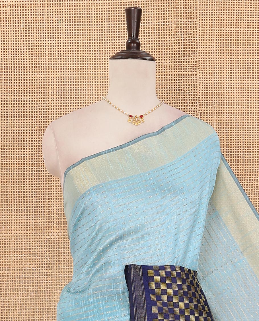 Blue Semi-Dupion Saree Gleamed Up with Zari Stripes All Over Its Body, Complemented by Contrast Border Spotlighted with Zari Checks, Contrast Pallu of Stripes, and Paired with a Contrast Blouse