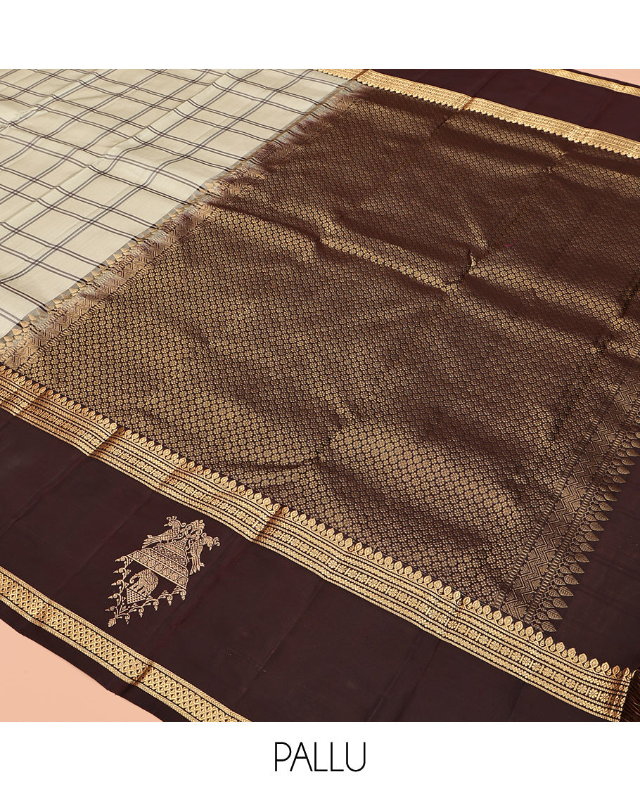 Light Beige Checked Kanchipuram Silk Saree, Complemented by a Contrast Border of Thilakam, Banaras, Neli, Kamalam, and Ara Maadam Designs, Grand Pallu, and a Contrast Blouse