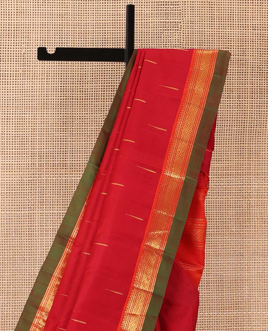 Red malli mokku buttas Kanchipuram silk saree, contrast border of rekku, banaras, and mayil kann designs, and traditional design pallu