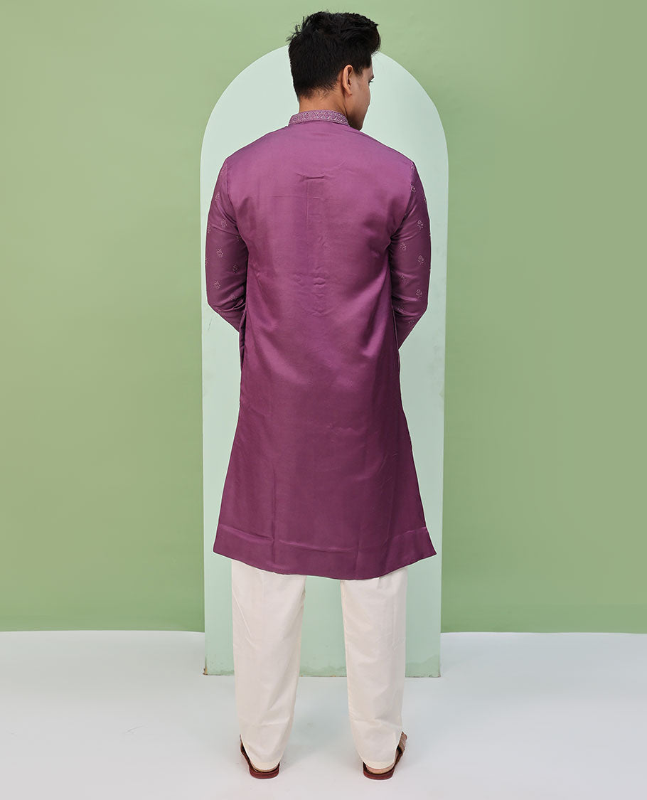 Purple floral buttas embroidered & neck floral work full-sleeved kurta