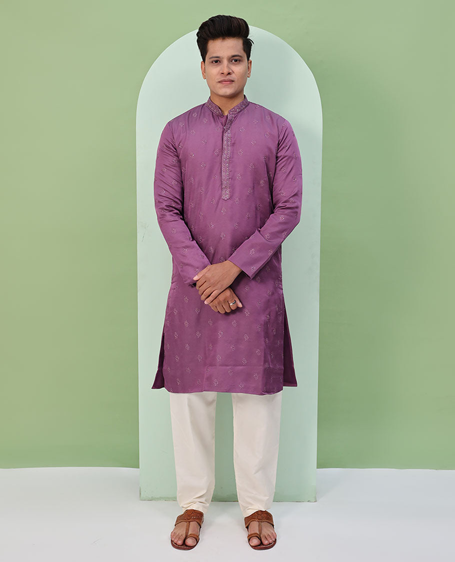 Purple floral buttas embroidered & neck floral work full-sleeved kurta