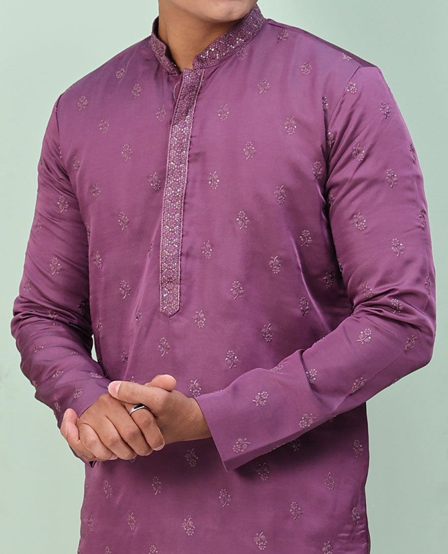 Purple floral buttas embroidered & neck floral work full-sleeved kurta