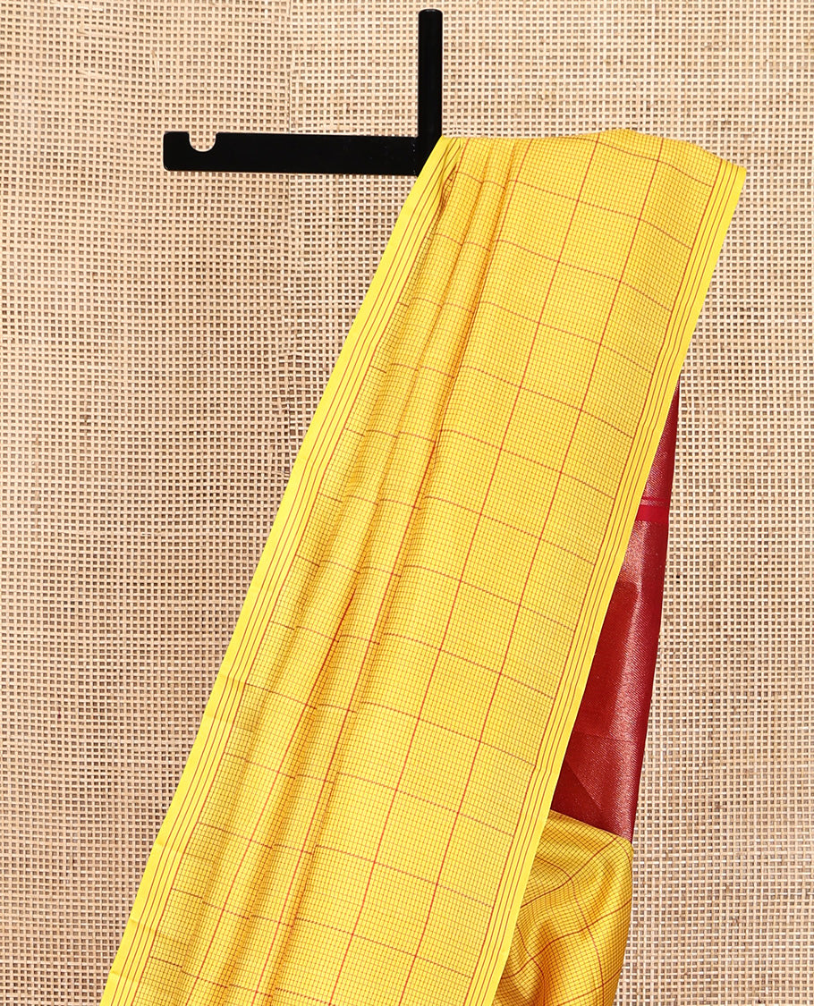 Borderless Yellow Mayuri Soft Silk Saree, Statement with Bold Checked Design On Its Body, Complemented by Contrast Temple Zari Woven Pallu and Paired with a Contrast Blouse