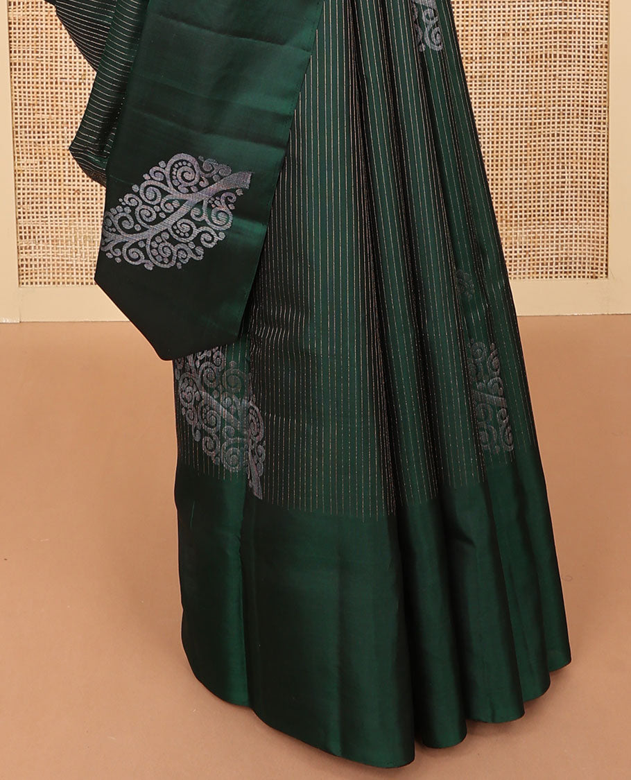 Bottle green striped, floral design bandhani with self floral design border & intricate zari design pallu