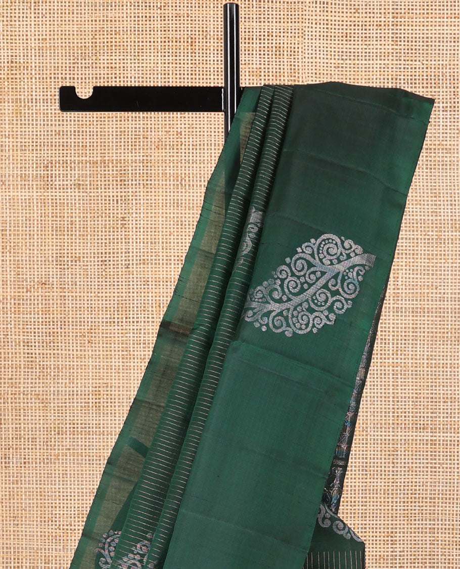 Bottle green striped, floral design bandhani with self floral design border & intricate zari design pallu