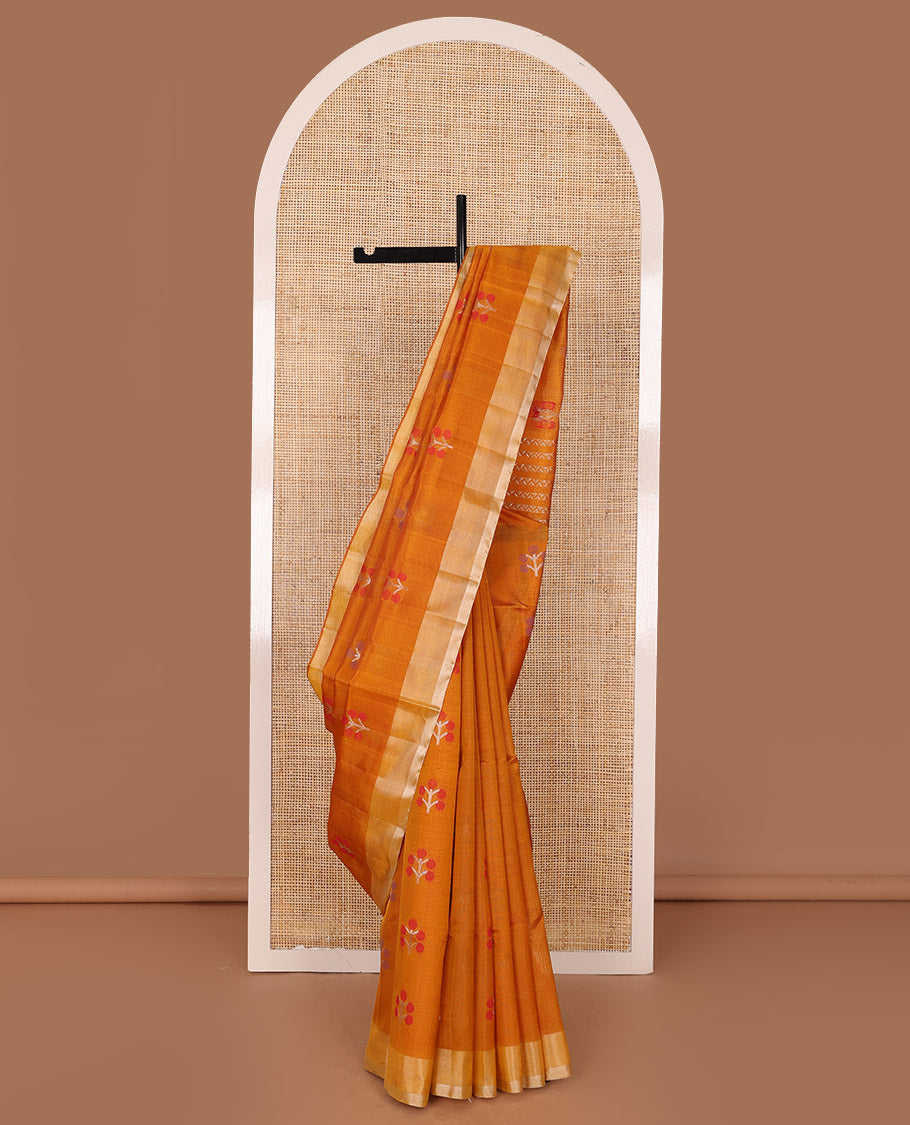 Orange meena floral buttas soft silk saree, contrast border & pallu of chevron stripes